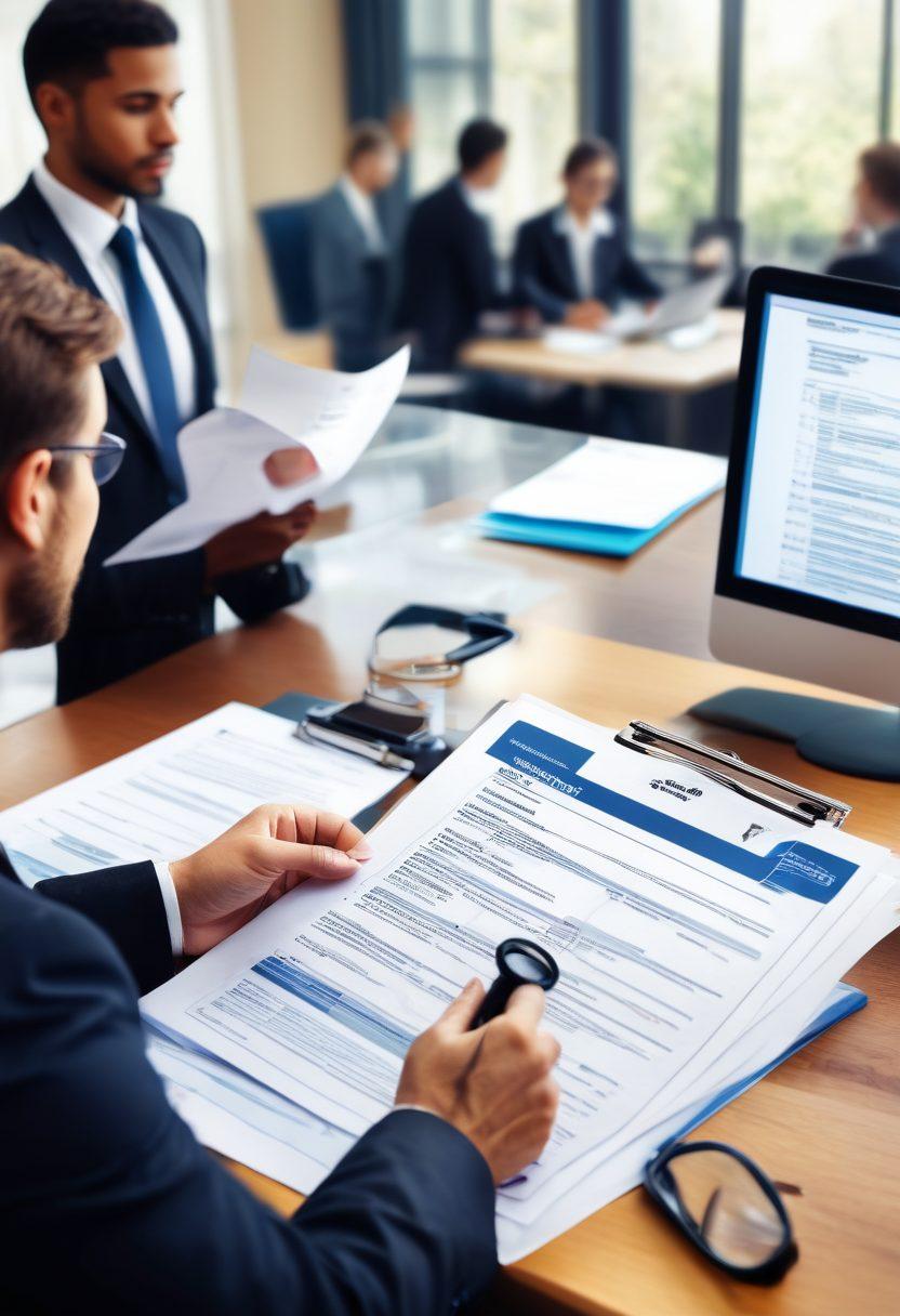 A professional setting depicting an HR representative reviewing documents with a magnifying glass, symbolizing employment status verification. Include background elements like a computer screen displaying a checklist, a diverse group of employees in silhouettes, and an infographic highlighting background checks. Emphasize clarity, professionalism, and trust. super-realistic. vibrant colors. office environment.