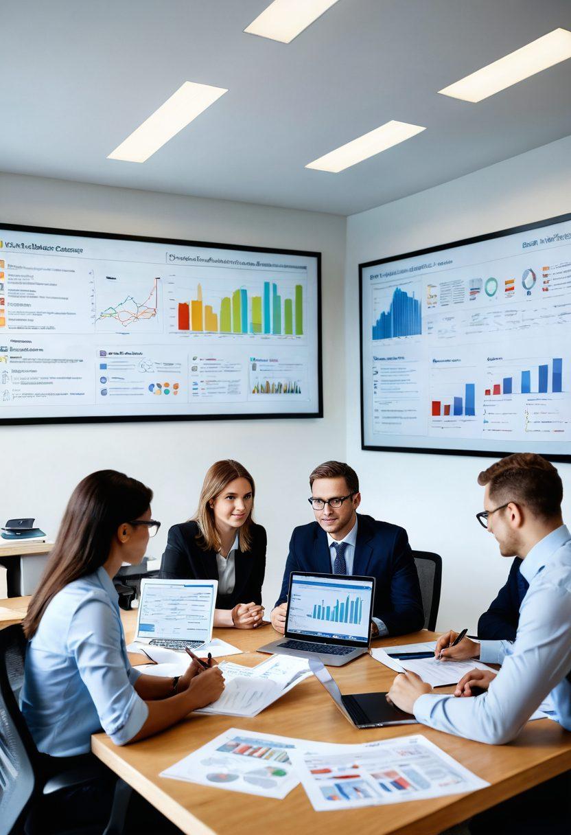 A modern office setting showcasing a diverse group of HR professionals engaged in discussions around a large table filled with paperwork and laptops. In the background, a wall displays framed certifications and professional achievements. A digital screen shows graphs and statistics related to job history verification. Soft natural lighting enhances the collaborative atmosphere. super-realistic. vibrant colors. white background.